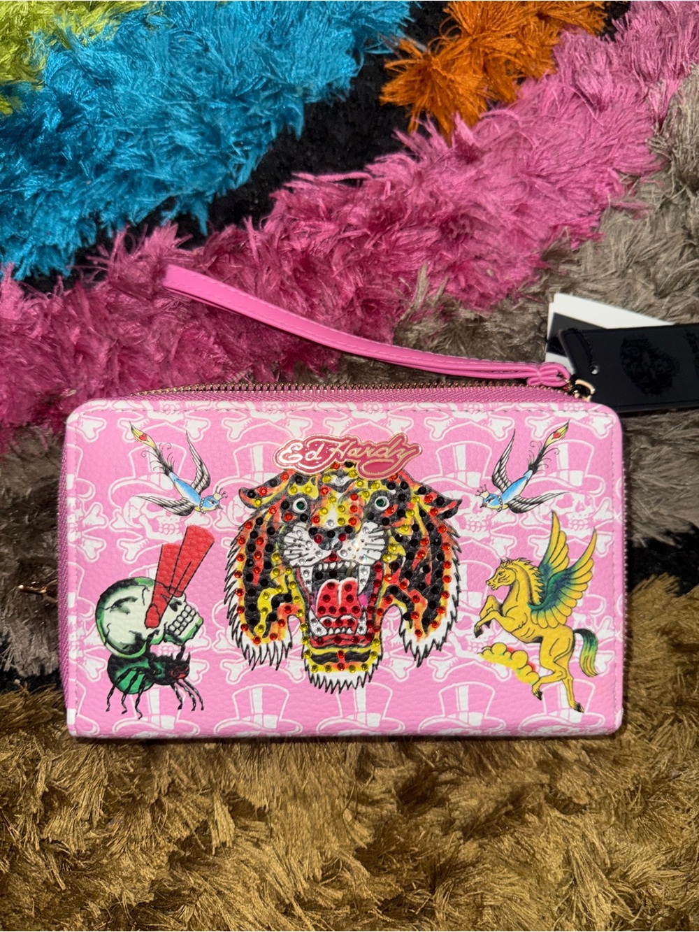 Ed Hardy Pink Sequin Tiger Zip Wristlet Wallet